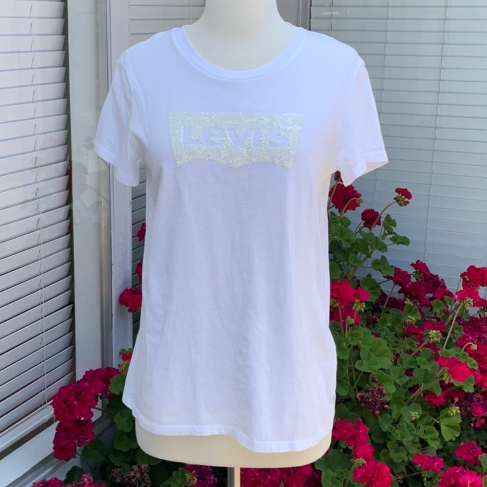 Levi's Cream Sequin Logo White Short Sleeve Tee
